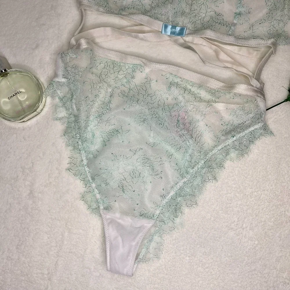 Victoria's Secret White And Light Blue Halter Neck Lace Teddy Lingerie - Picture 2 of 8